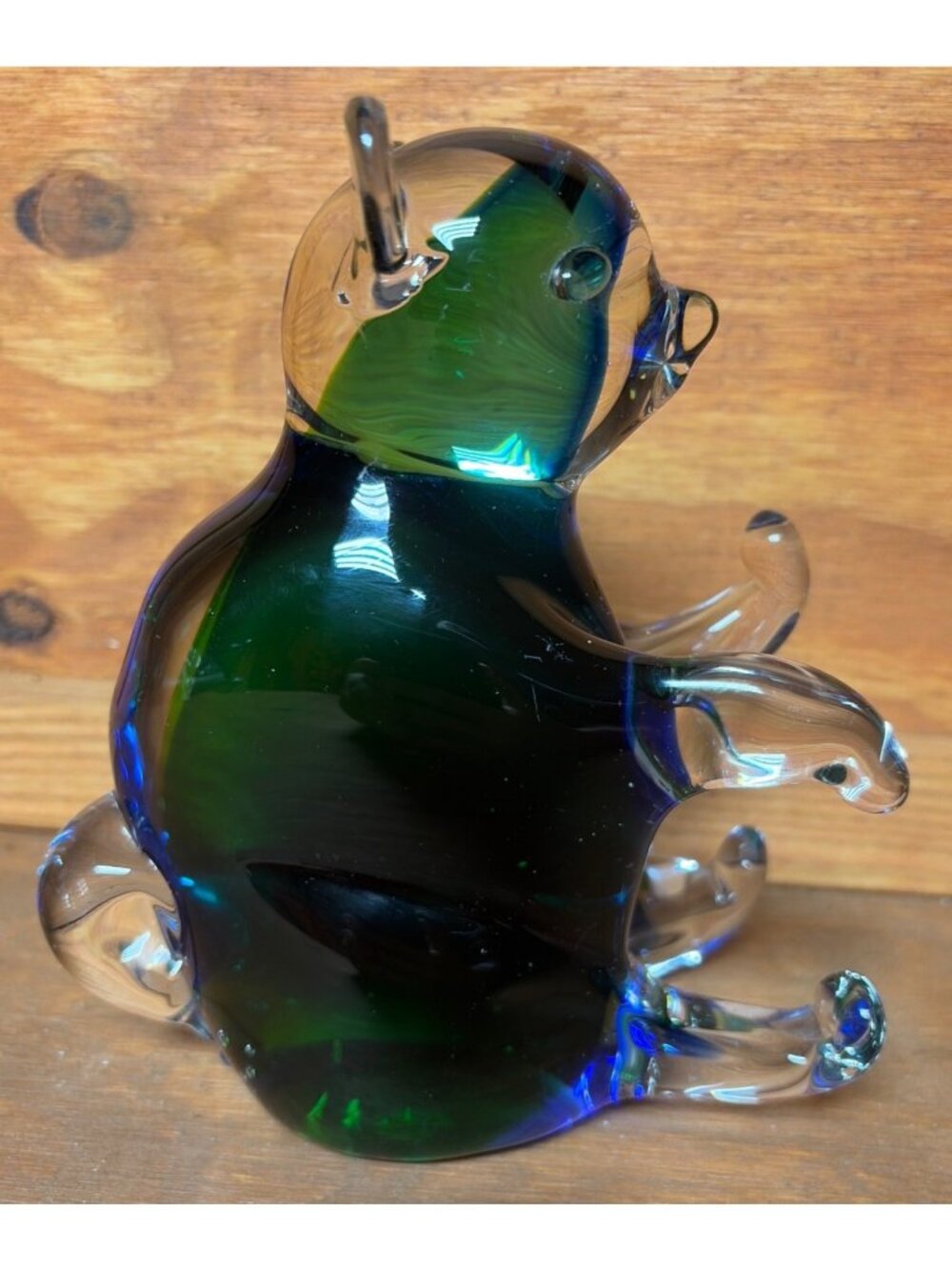 Vintage Murano-Style Sommerso Green & Blue Hand-Blown Glass Bear Figurine